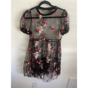 Sheer Embroidered Black Mesh Mini Dress Puff Sleeve Ruffle Tiered Floral